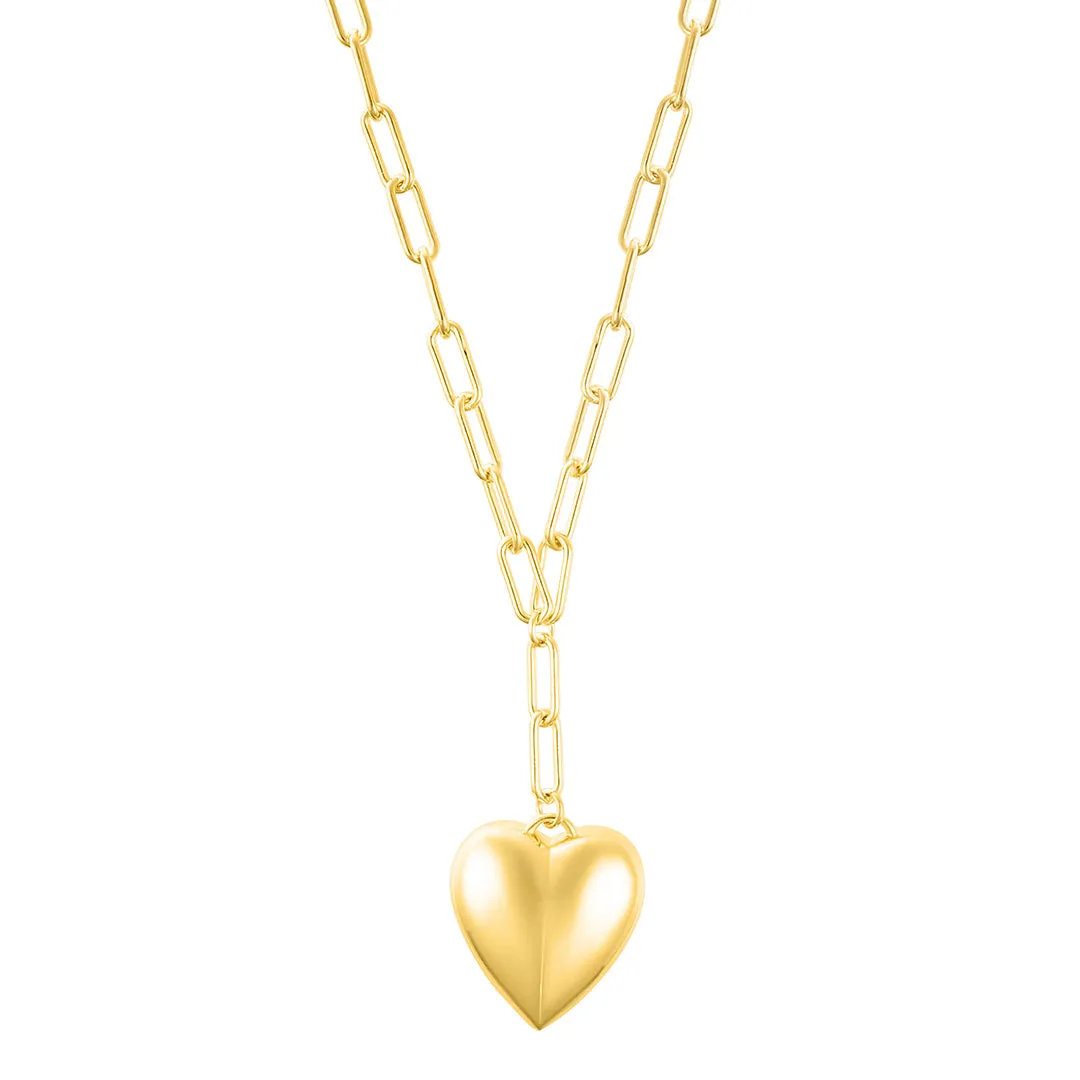 14k Gold Plated Adjustable Oversized Puffy Heart Paper Clip Chain Necklace