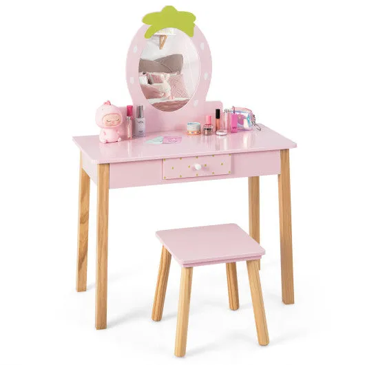 2-in-1 Children Vanity Table Stool Set with Mirror-Pink