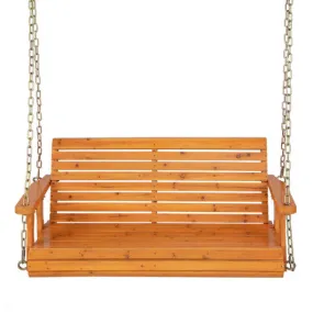 2-Person Wooden Porch Swing with Hanging Chains for Garden Yard-Natural