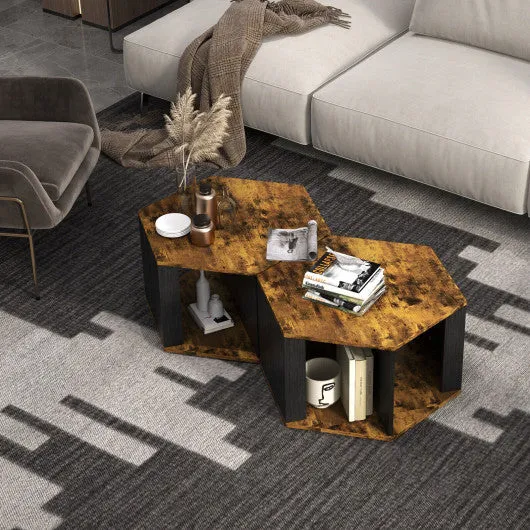 2 Pieces Hexagonal Side End Table for Living Office Coffee Room-Coffee