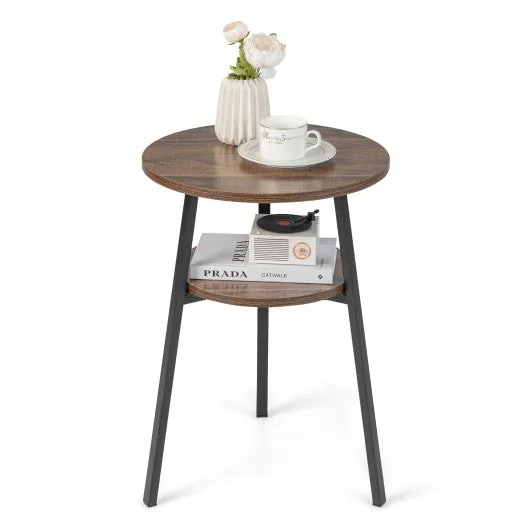 2-Tier Round End Table with Open Shelf and Triangular Metal Frame-Brown