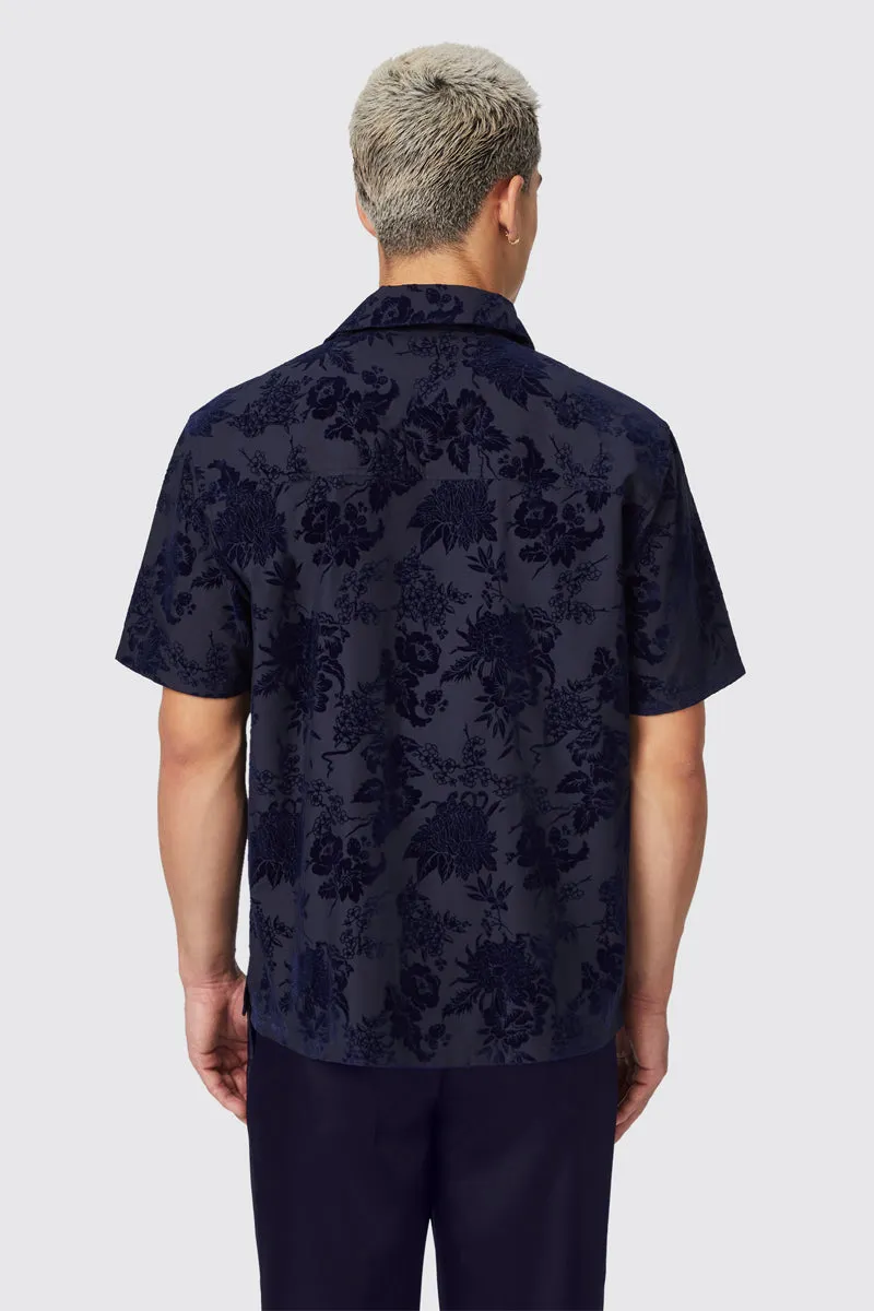 Albon Navy Floral Flocked Short Sleeve Shirt