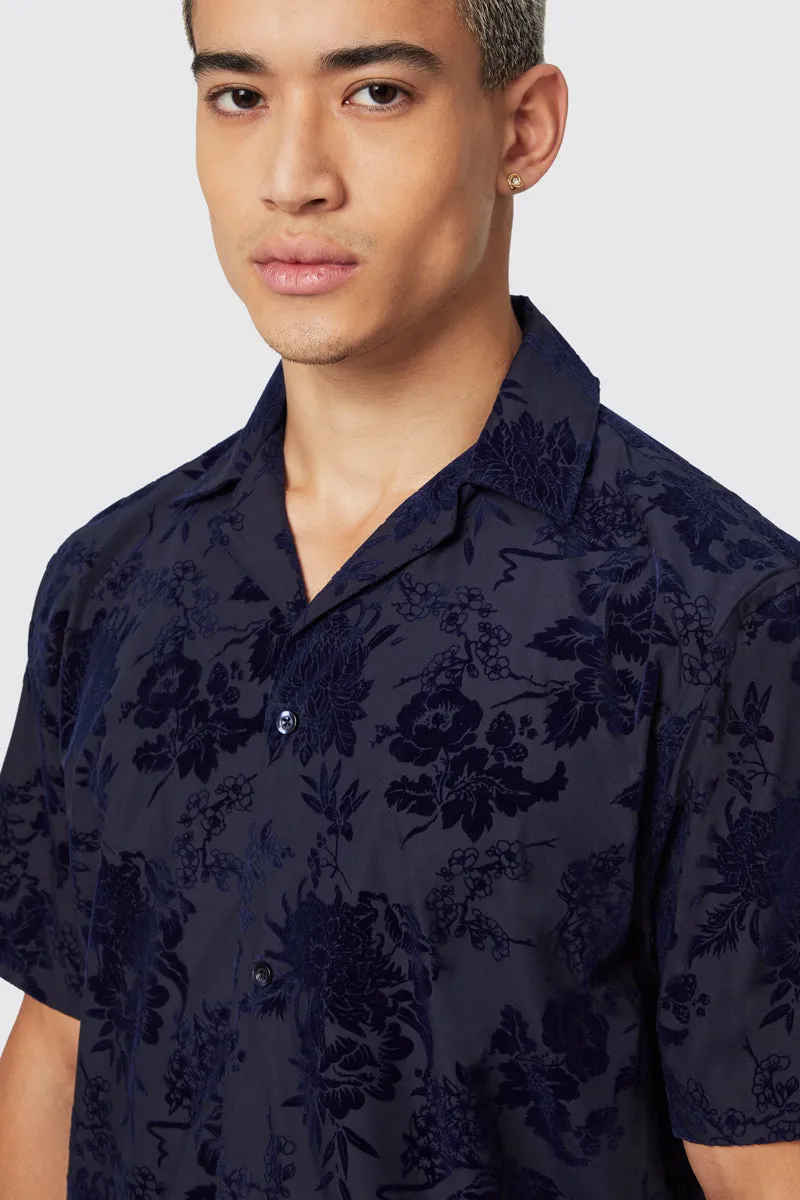 Albon Navy Floral Flocked Short Sleeve Shirt