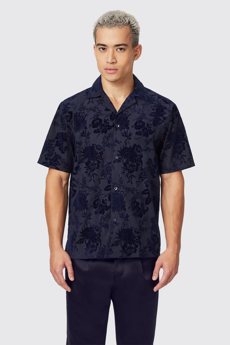 Albon Navy Floral Flocked Short Sleeve Shirt