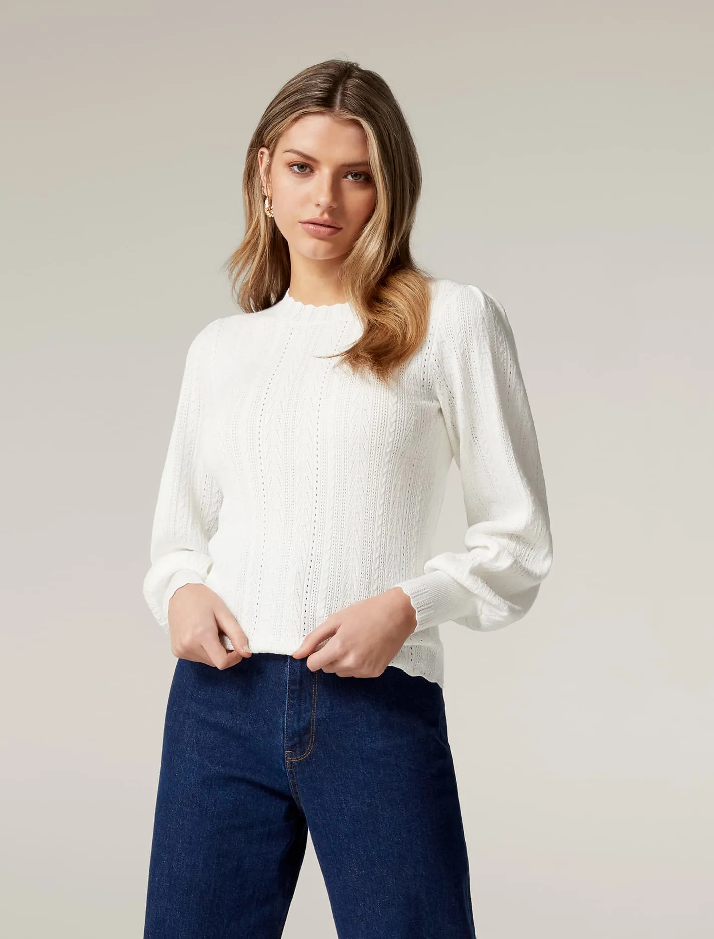 Azelle Crew Neck Pointelle Knit Top