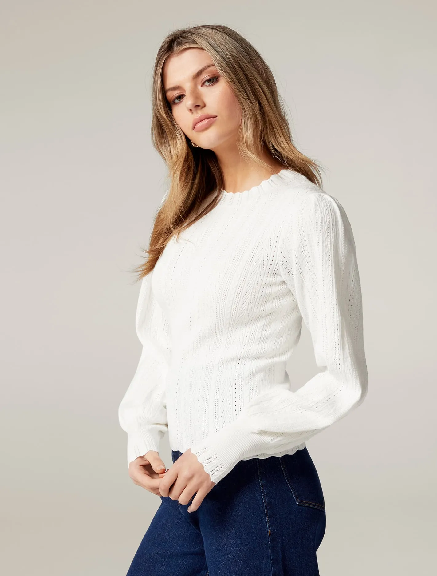 Azelle Crew Neck Pointelle Knit Top