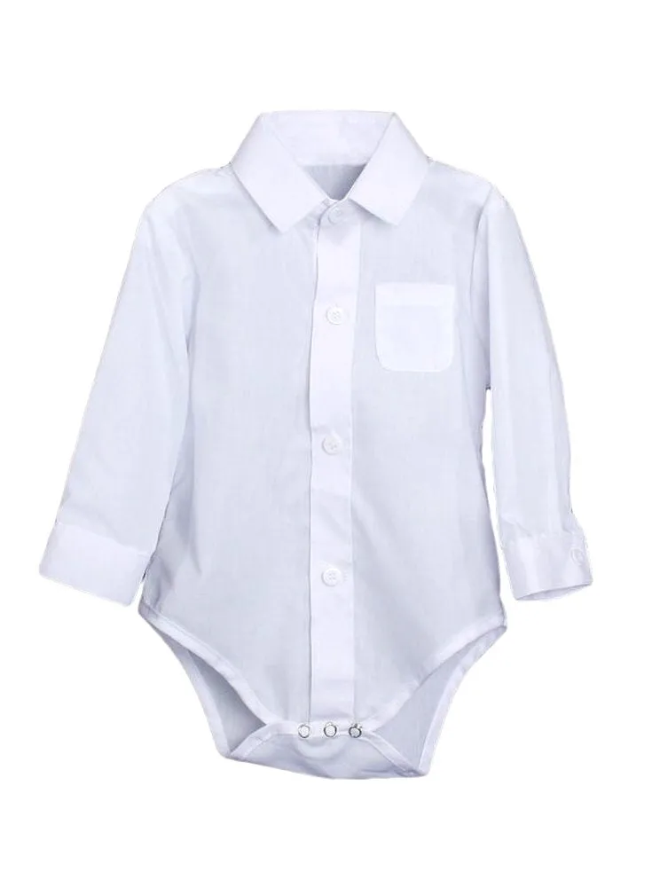 Baby Boys White Poly Cotton Button Up Dress Shirt Bodysuit NB-24M