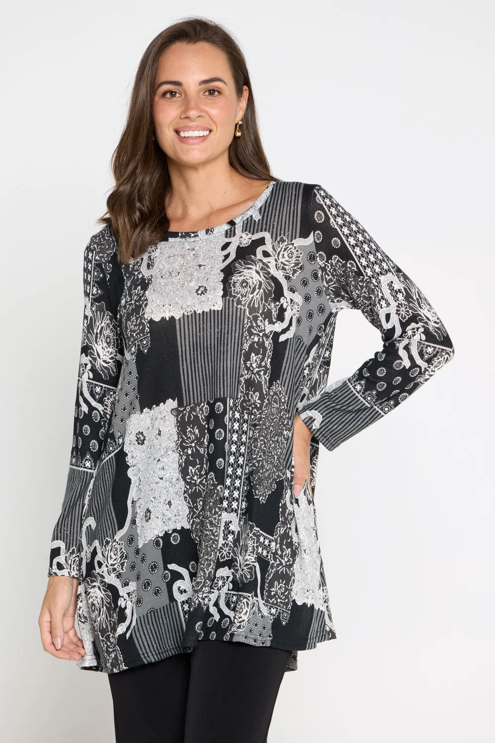 Barb Knit Top - Grey Patchwork Floral