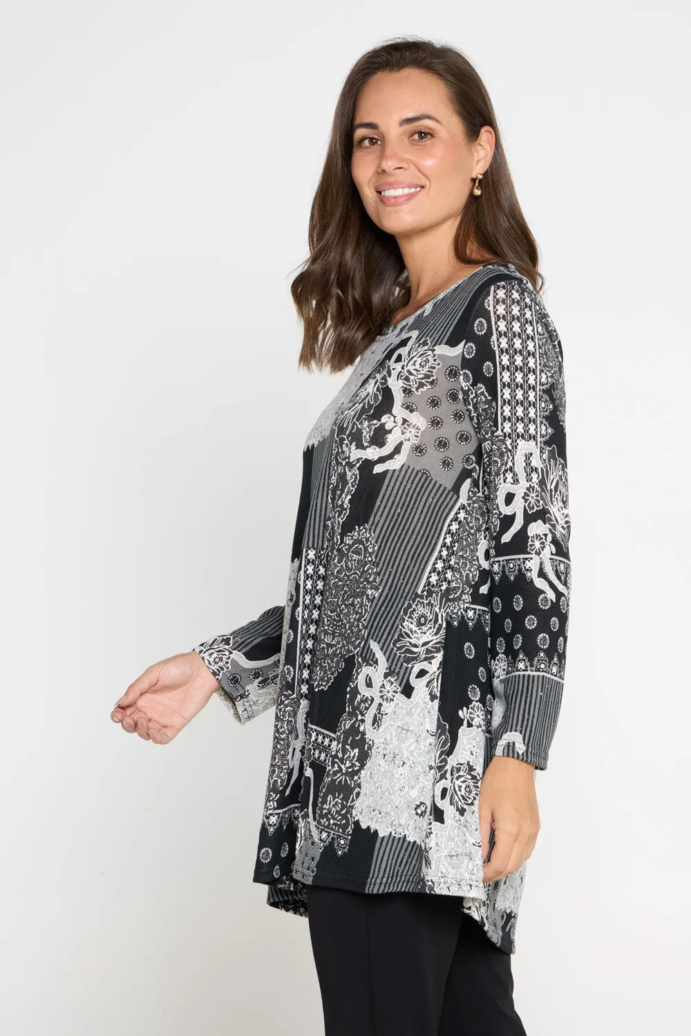 Barb Knit Top - Grey Patchwork Floral