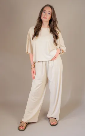 Beige Oversized Ribbed T-Shirt & Straight Leg Trouser Co-Ord Set