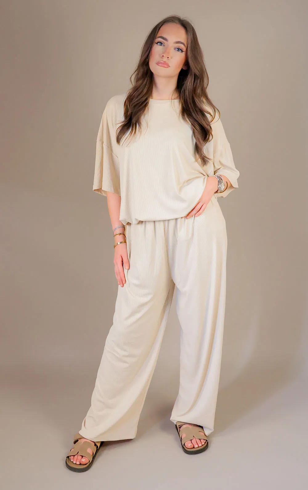 Beige Oversized Ribbed T-Shirt & Straight Leg Trouser Co-Ord Set