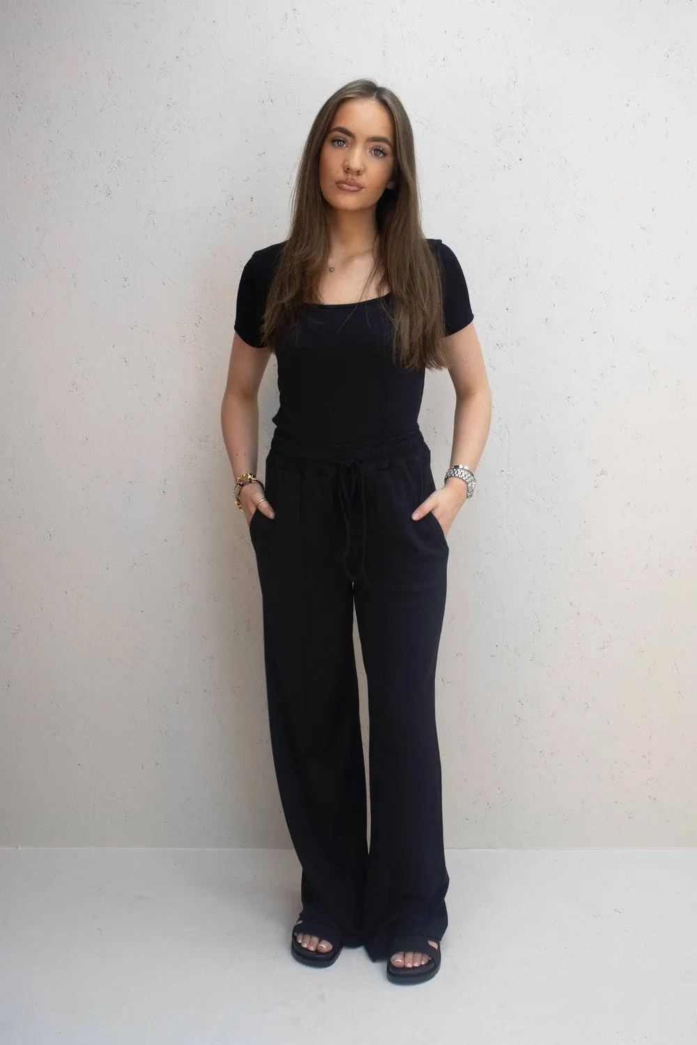 Bella Black Ribbed Bodysuit & Straight Leg Trouser Co-Ord Set