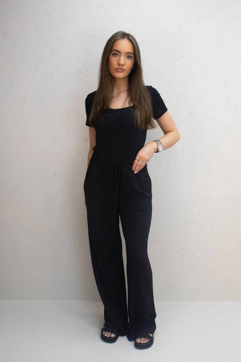 Bella Black Ribbed Bodysuit & Straight Leg Trouser Co-Ord Set