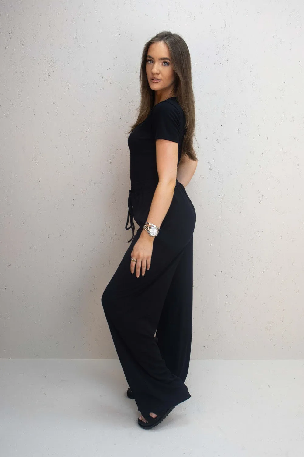 Bella Black Ribbed Bodysuit & Straight Leg Trouser Co-Ord Set