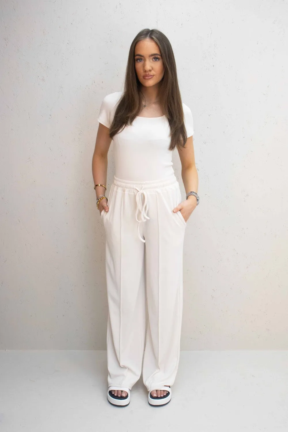 Bella Cream Ribbed Bodysuit & Straight Leg Trouser Co-Ord Set