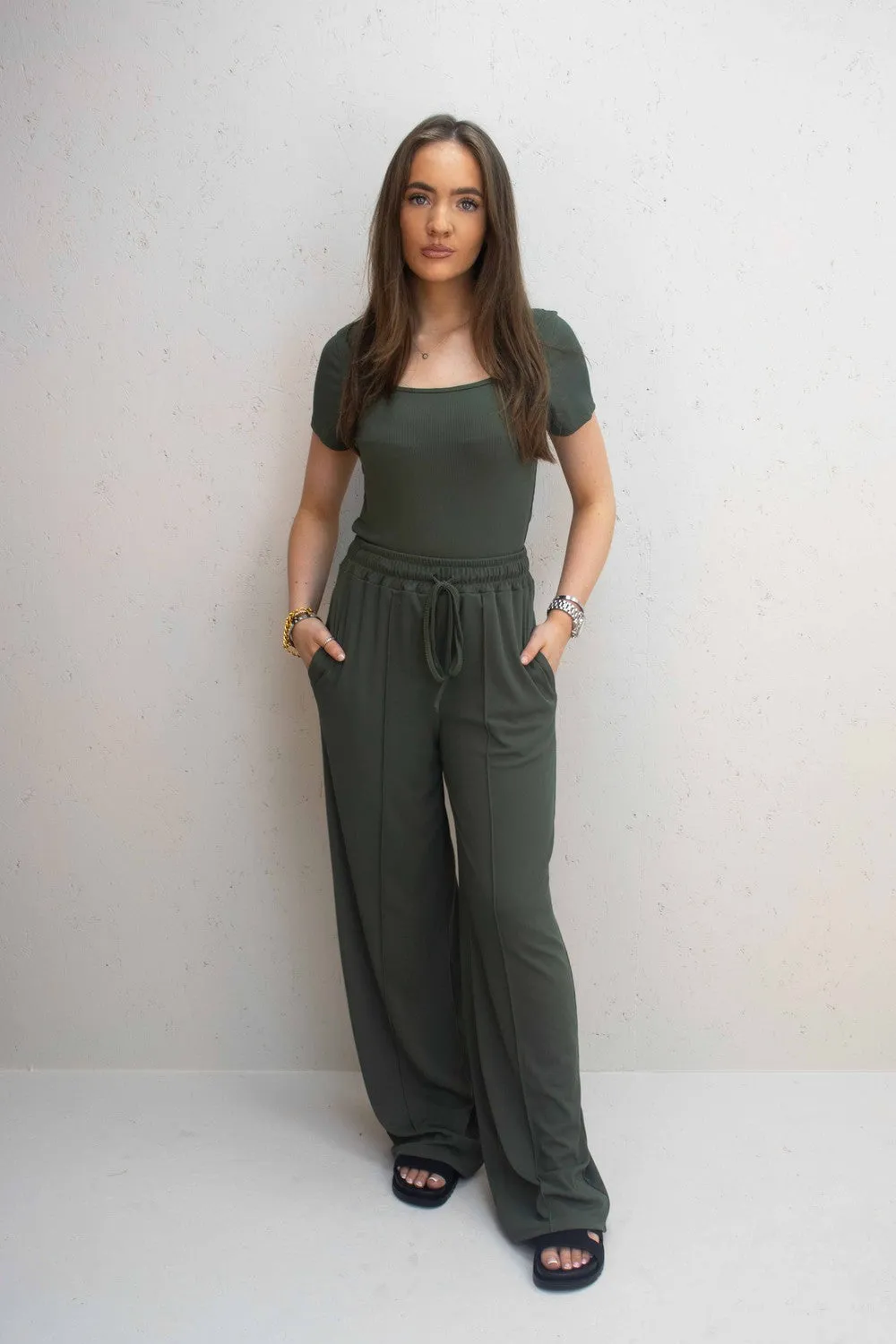 Bella Green Ribbed Bodysuit & Straight Leg Trouser Co-Ord Set