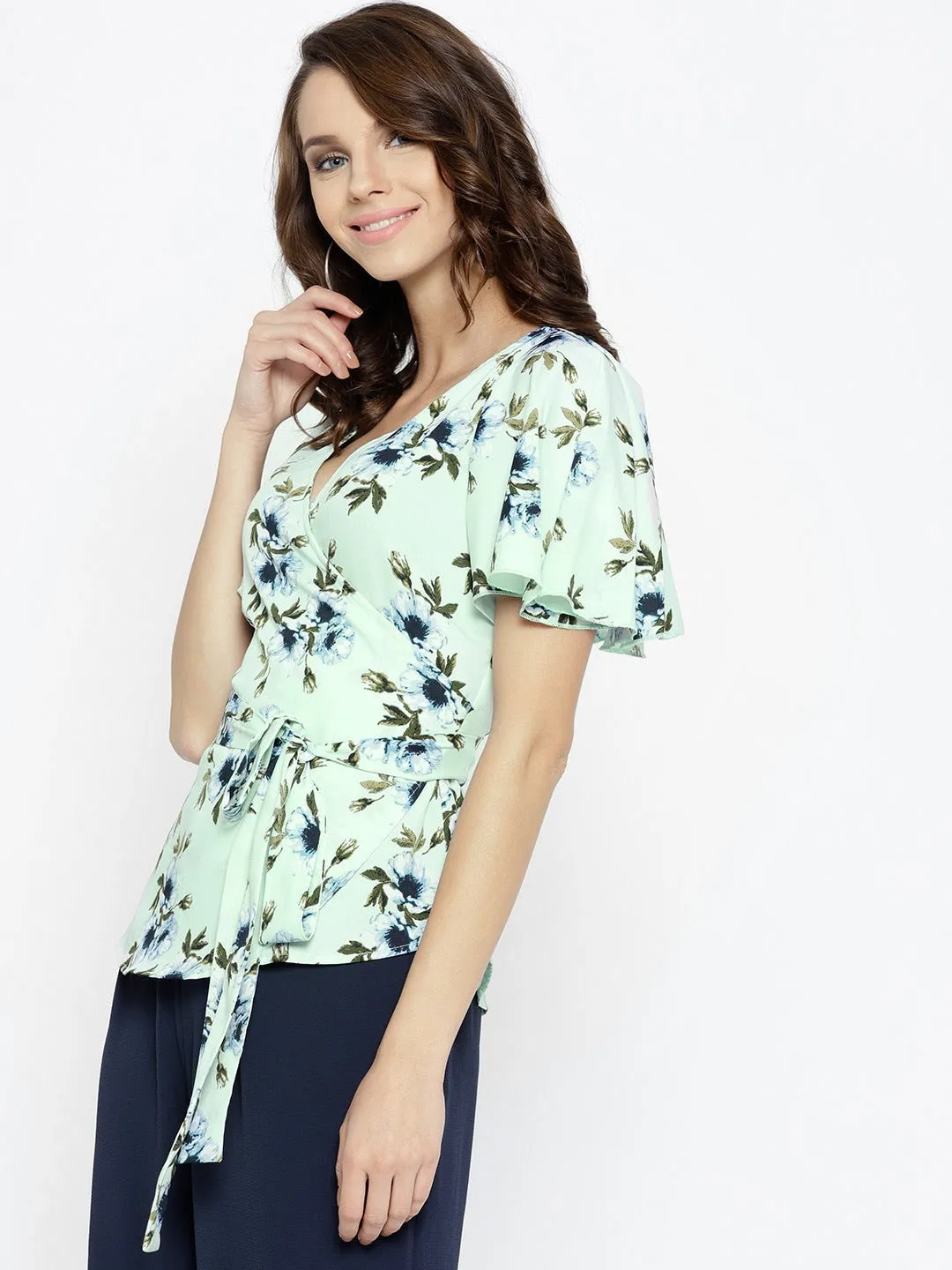 Berrylush Women Sea Green & Blue Floral Printed V-Neck Waist Tie-Up Crepe Wrap Regular Top