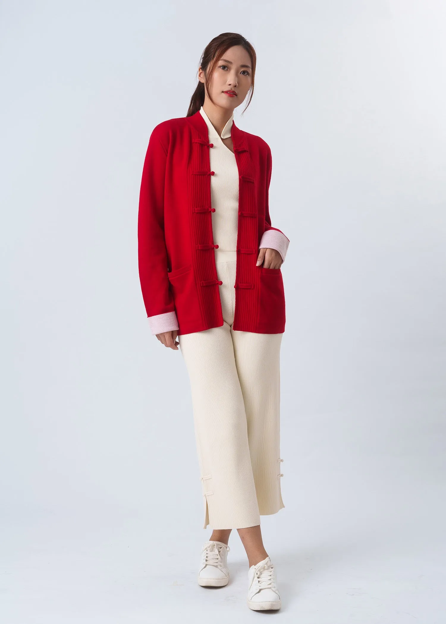 Bicolor Knitted Tang Jacket (Red/ Off White)