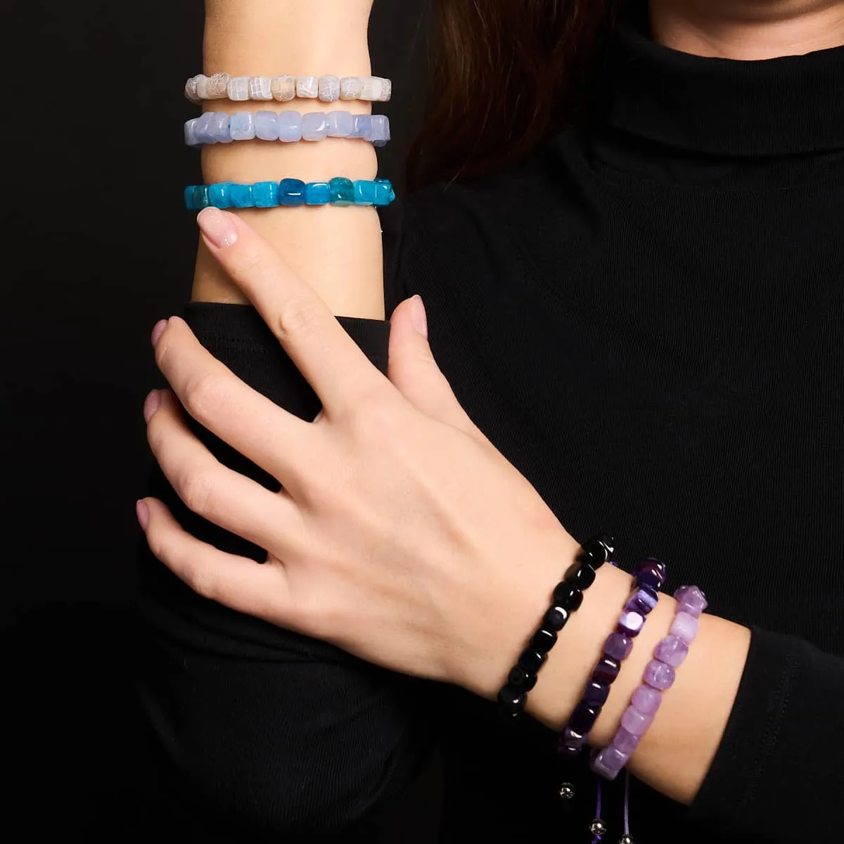 Black Agate | Silver | Gemstone Pebble Macrame Bracelet