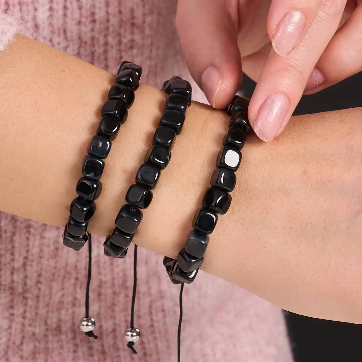 Black Agate | Silver | Gemstone Pebble Macrame Bracelet