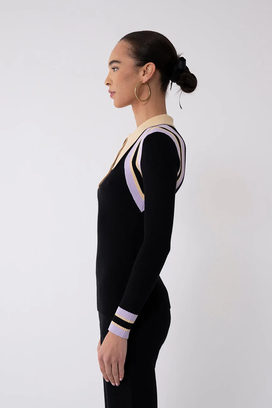 Black Chevron Peachskin Long Sleeve Polo