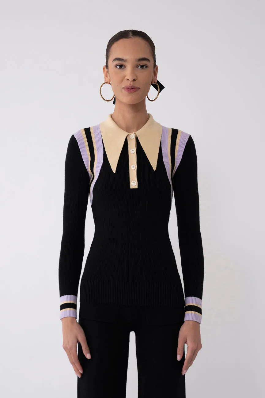 Black Chevron Peachskin Long Sleeve Polo