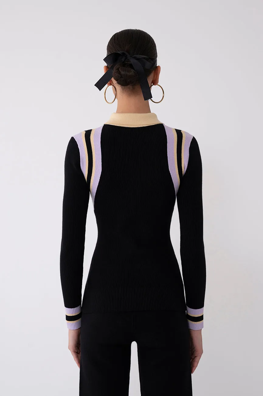 Black Chevron Peachskin Long Sleeve Polo