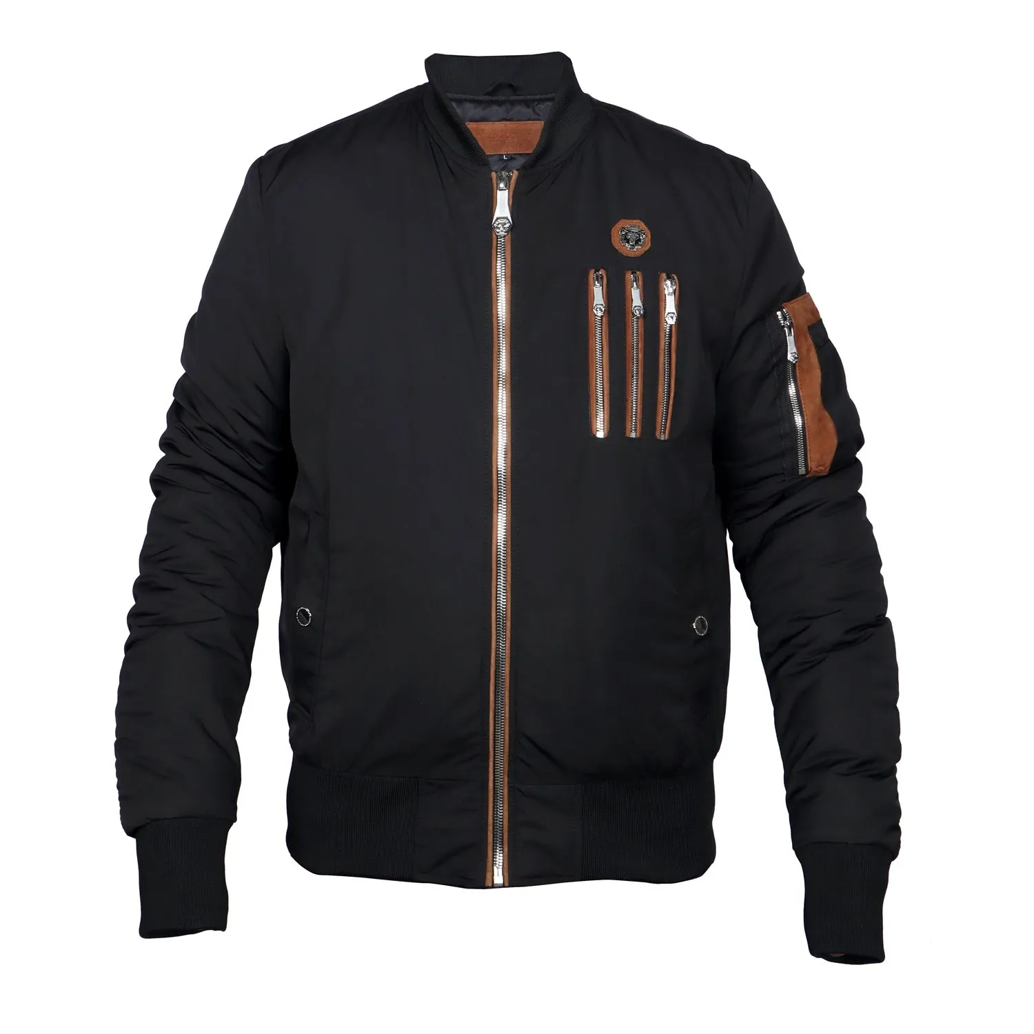 Black Contrasting Tan Puffer Bomber Jacket Tri-Zip Pockets with Standing Collar by Brune & Bareskin