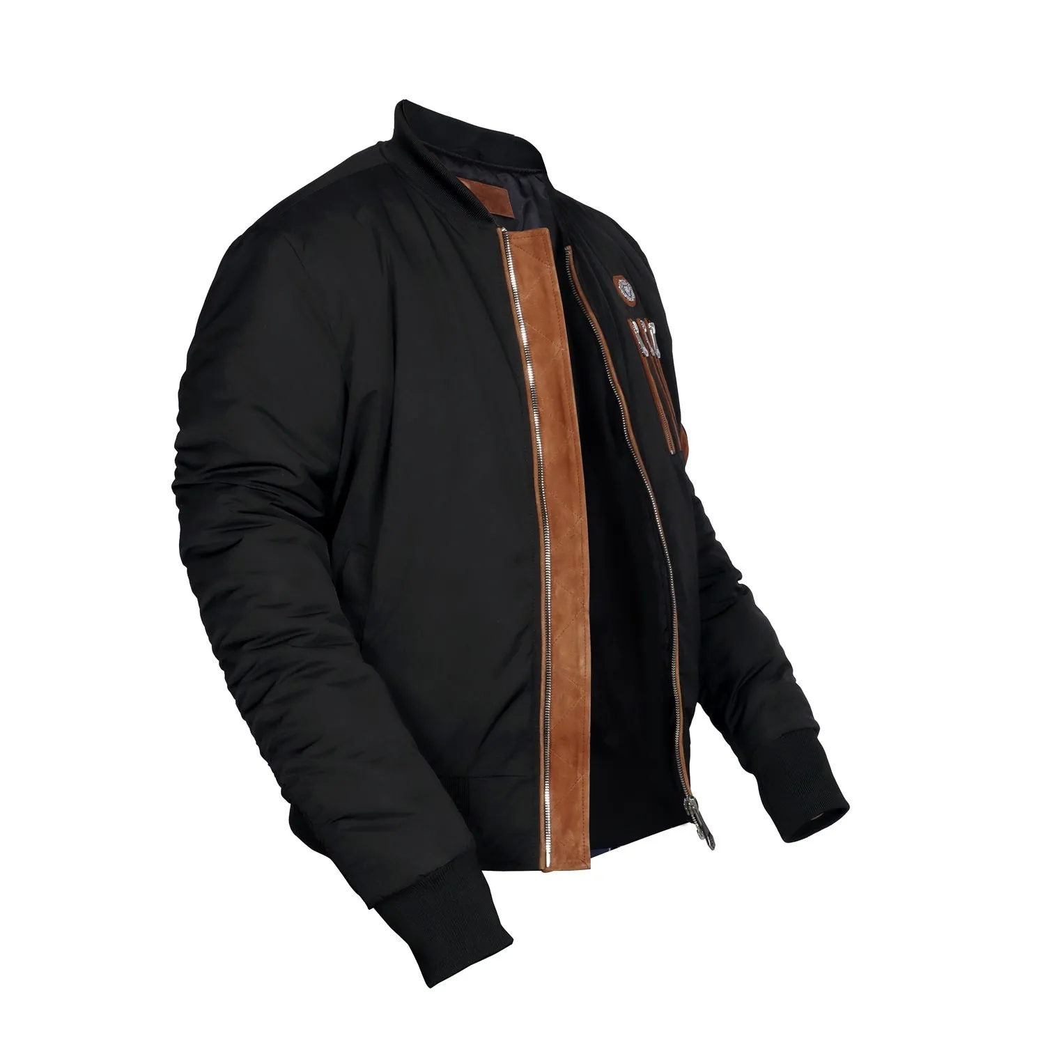 Black Contrasting Tan Puffer Bomber Jacket Tri-Zip Pockets with Standing Collar by Brune & Bareskin