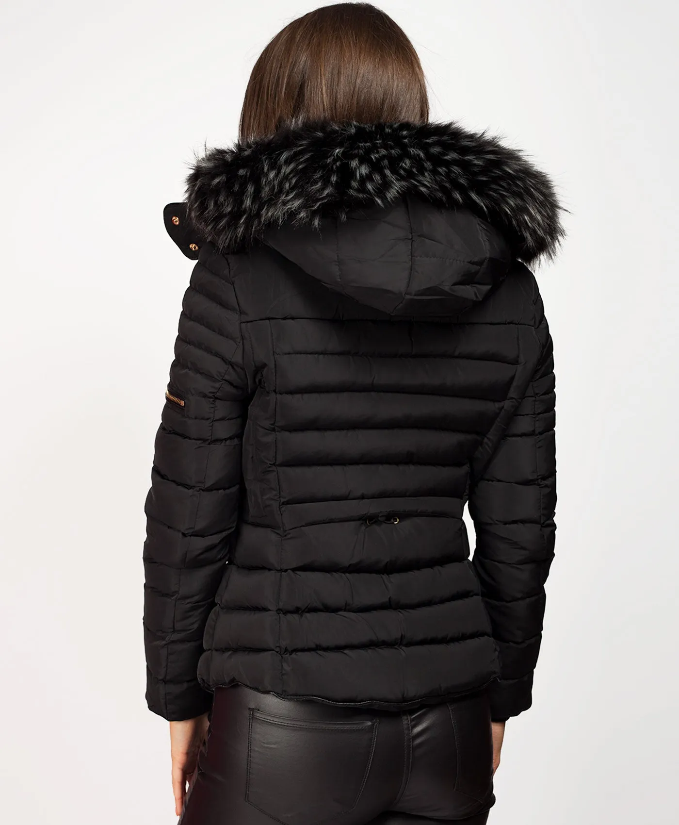 Black Faux Fur Hooded Double Zip Padded Puffer Jacket