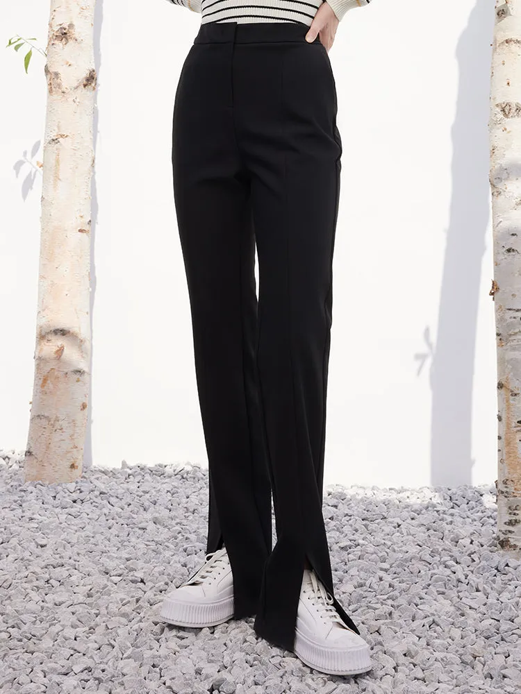 Black Full-Length Slim Pants With Slit