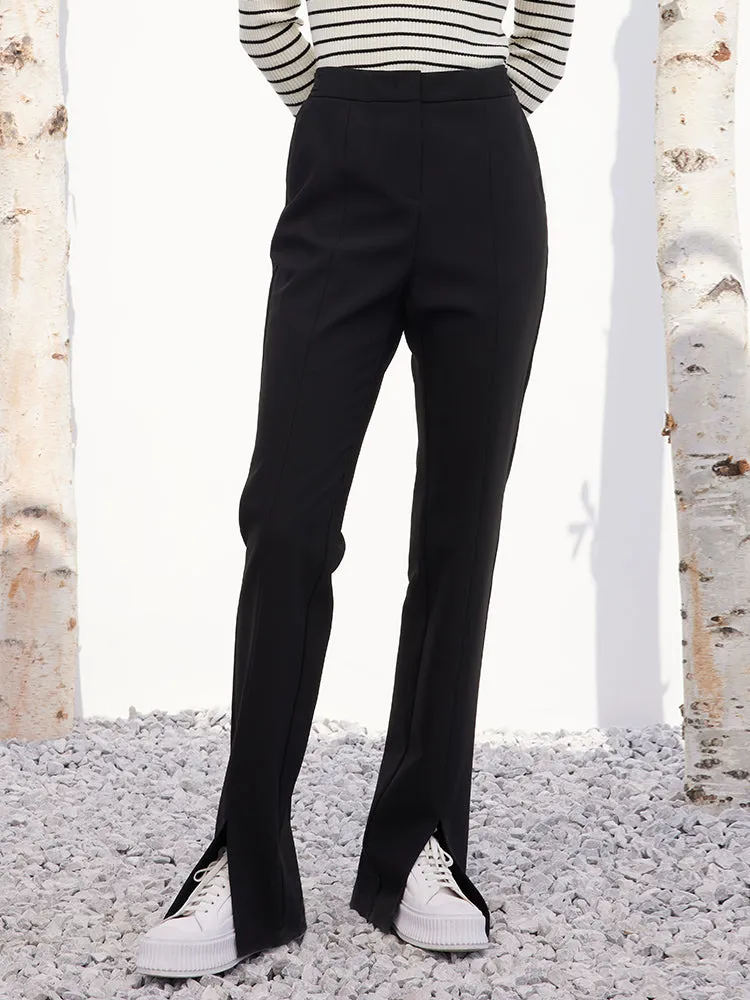 Black Full-Length Slim Pants With Slit