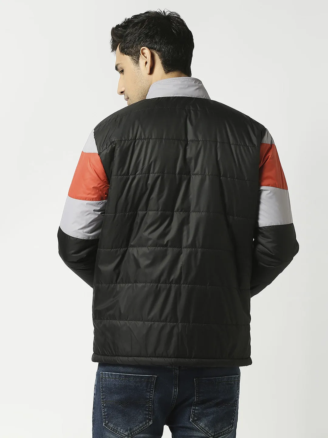 Black Puffer Jacket with Orange & Grey Stripes