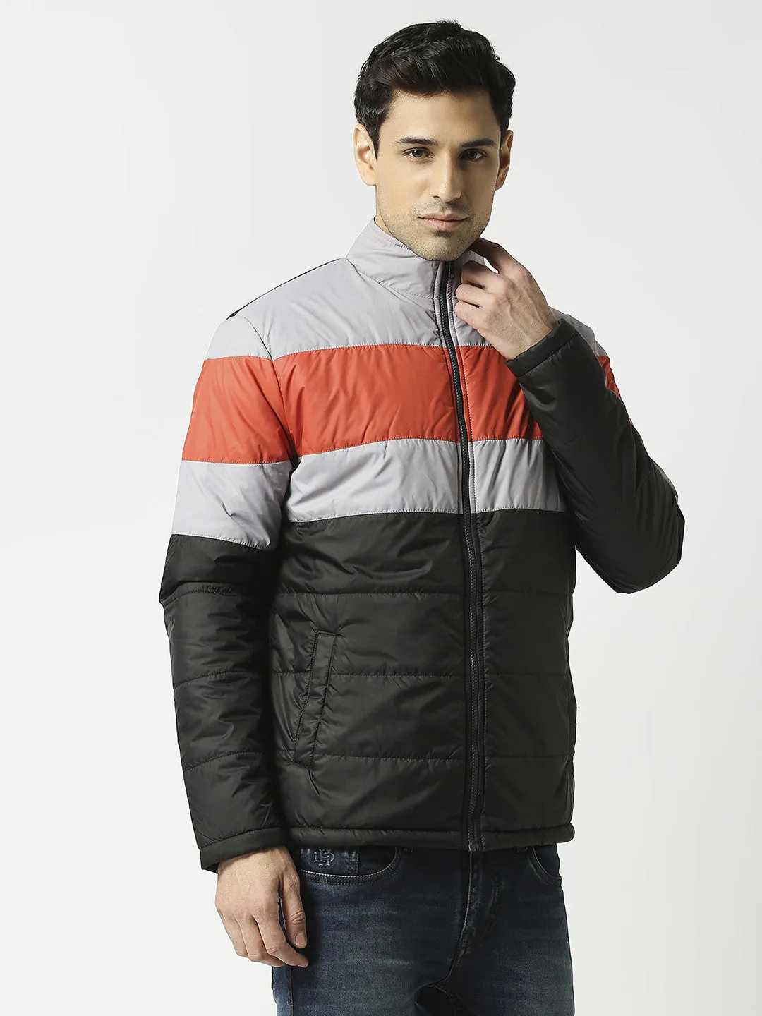 Black Puffer Jacket with Orange & Grey Stripes