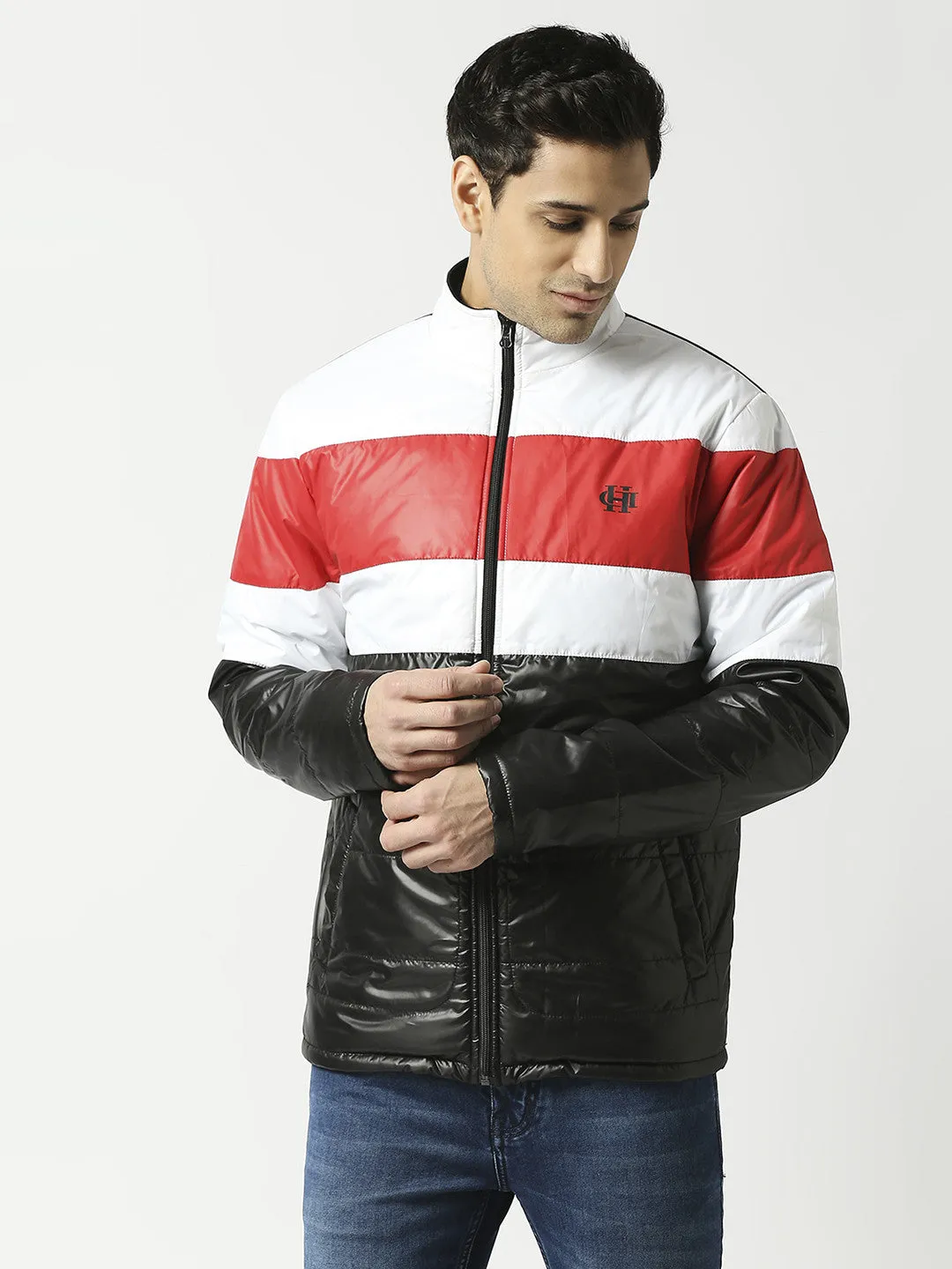 Black Puffer Jacket with White & Red Stripes