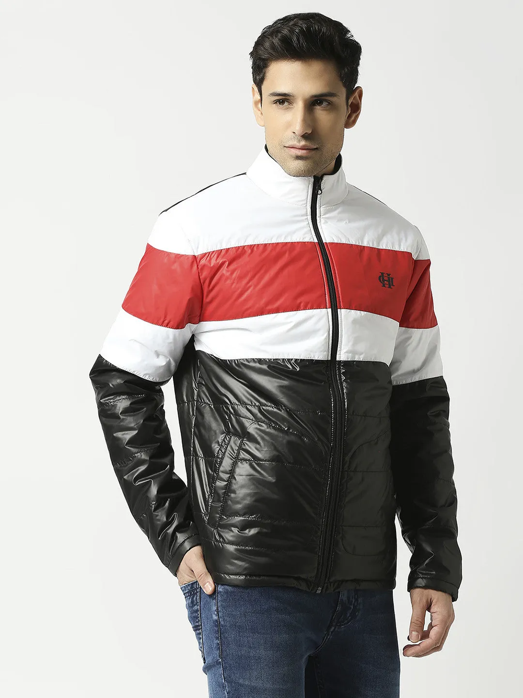 Black Puffer Jacket with White & Red Stripes