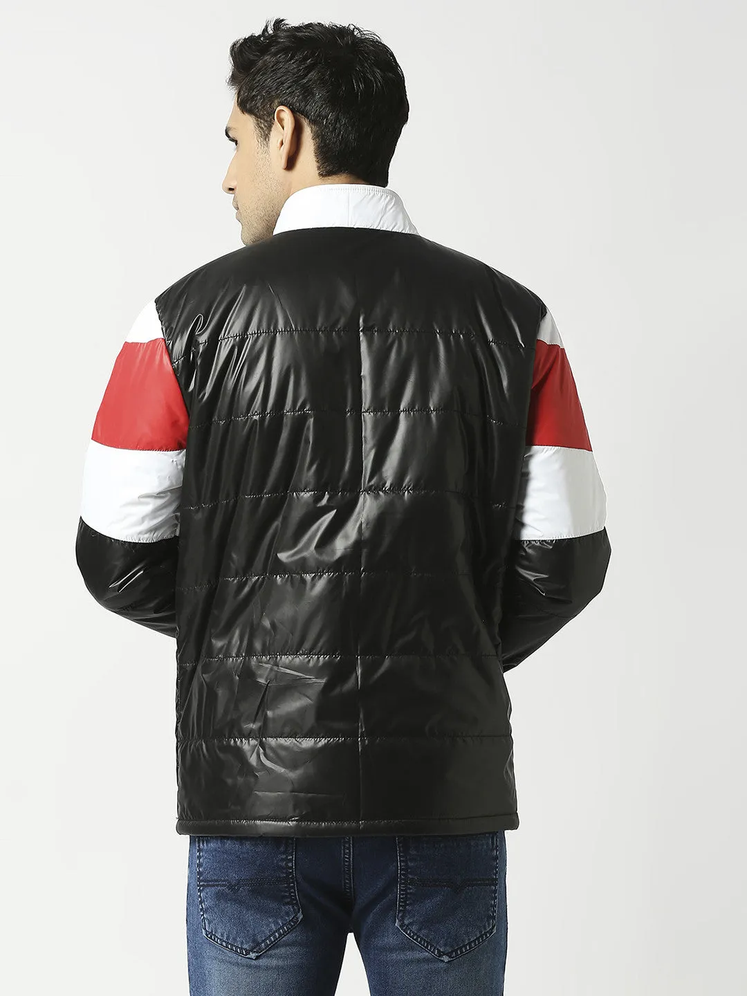 Black Puffer Jacket with White & Red Stripes