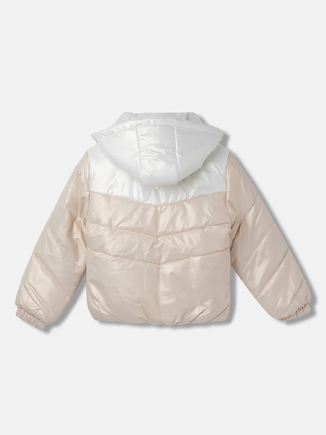 Blue Giraffe Girls Beige Color-Blocked Detachable Hood Full Sleeves Puffer Jacket