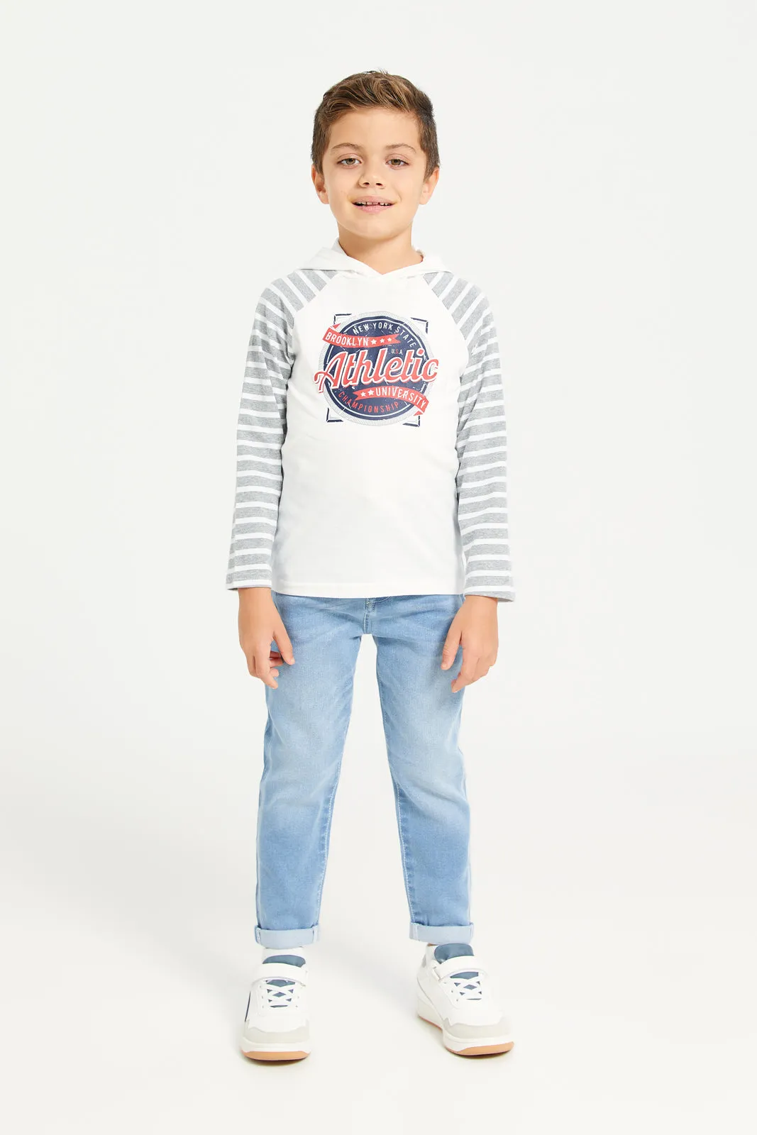 Boys White Striped Long Sleeved T-Shirt