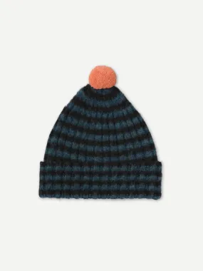 BRUSHED NARROW STRIPE HAT WITH CONTRAST POMPOM BLACK & LUGANO