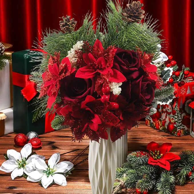 Bulk 17PCS Artificial Christmas Flowers Bouquet Christmas Floral Wholesale