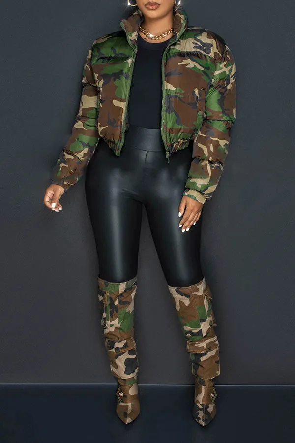 Camo Zipper Elastic Waistband Jacket