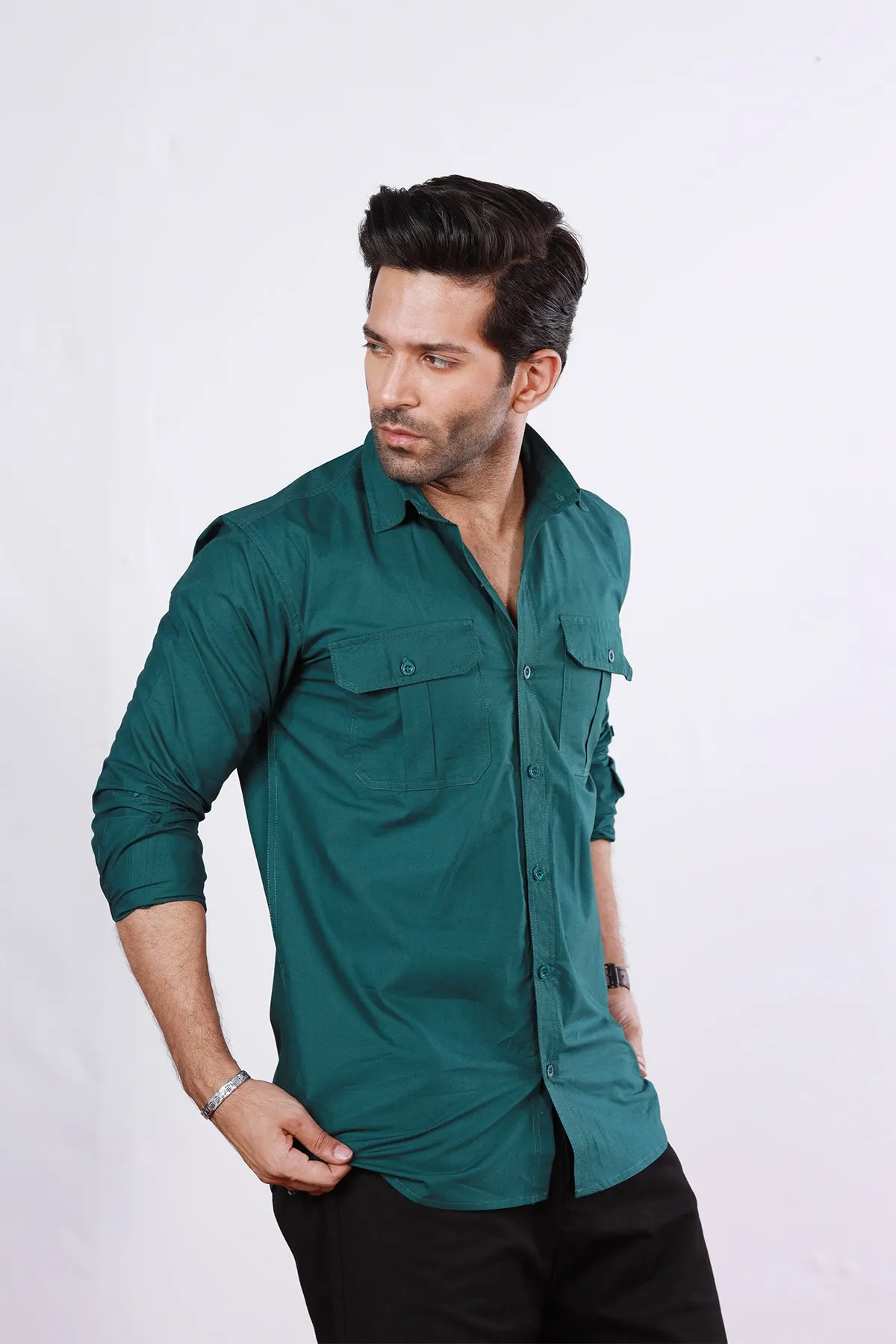 Casual Bottle Green Poplin Shirt - P22 - MS0012R