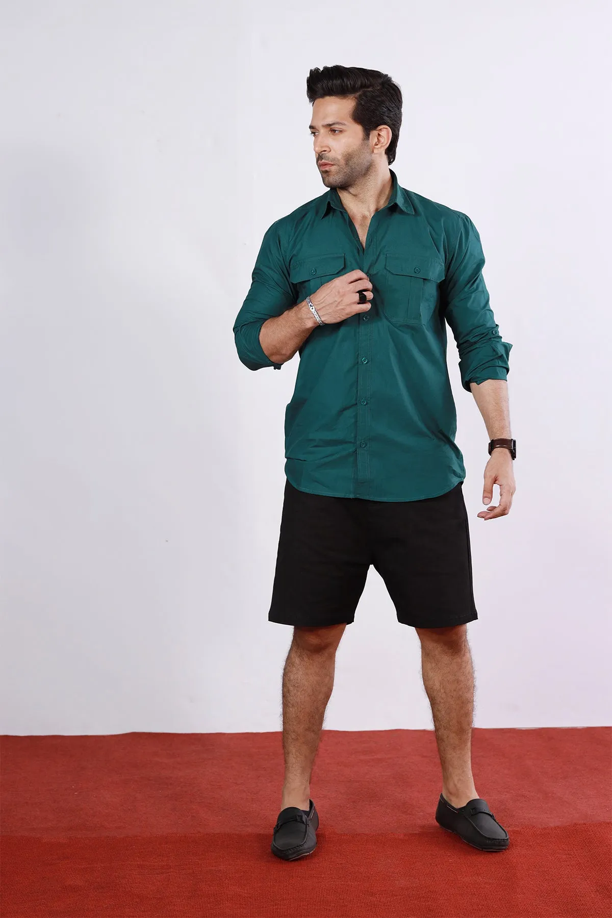 Casual Bottle Green Poplin Shirt - P22 - MS0012R