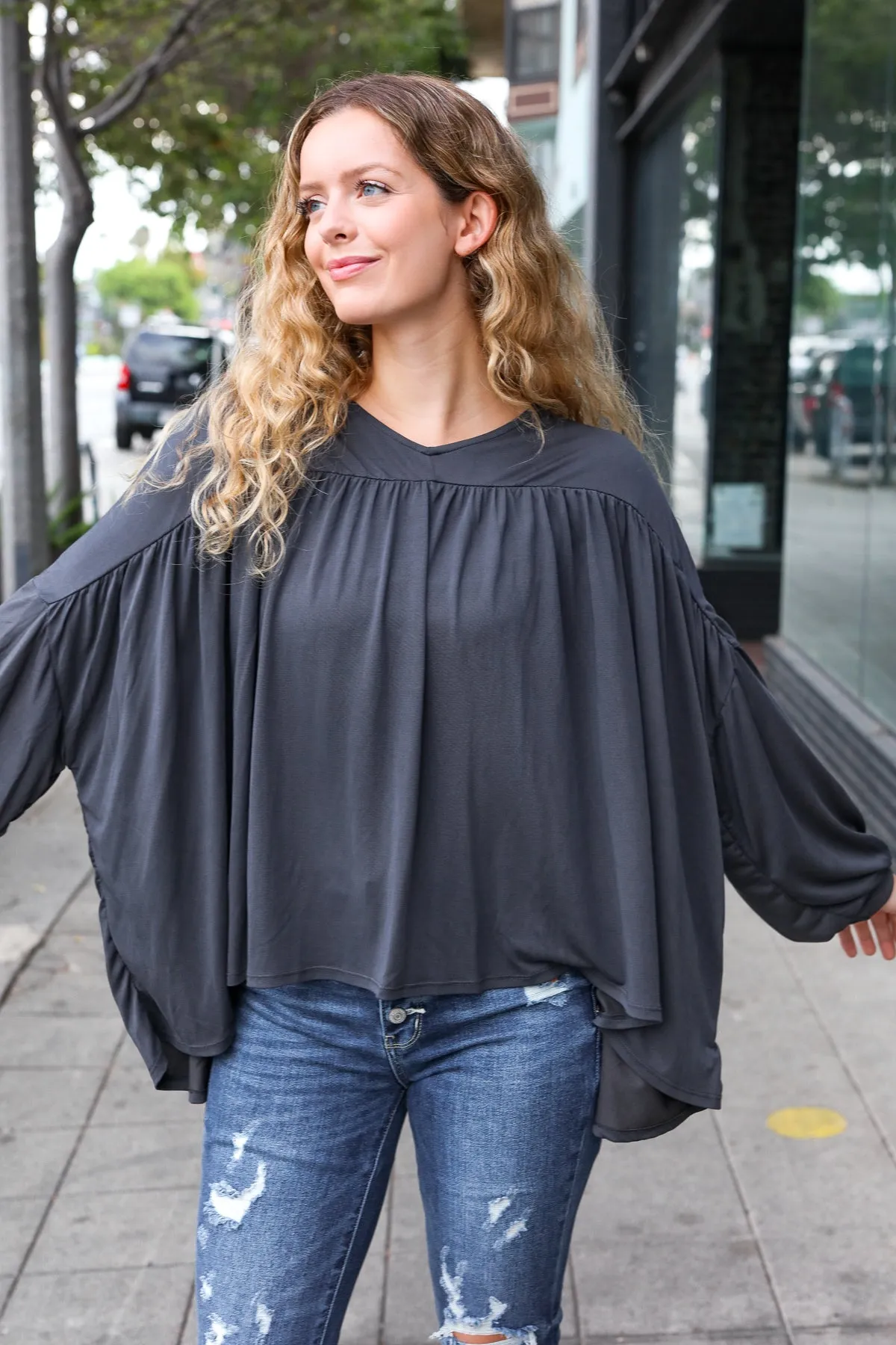 Casual Chic Charcoal V Neck Yoke Modal Knit Top