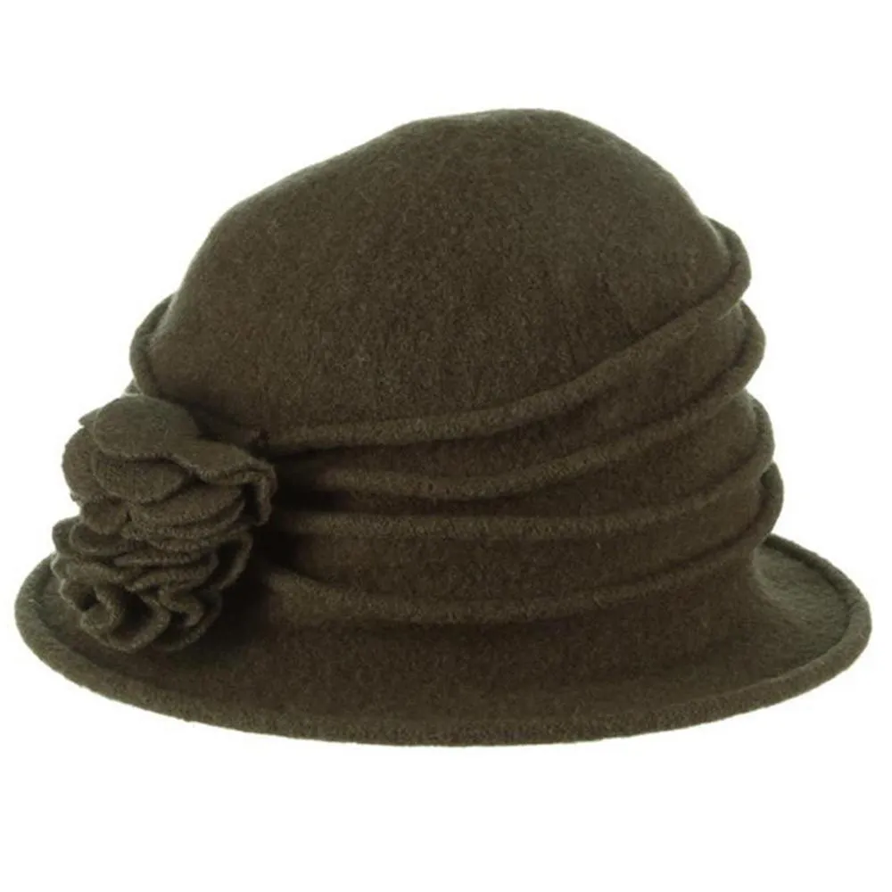 Charlotte - Scala LW497 Taupe Knit Wool Cloche Hat w/ Side Flower