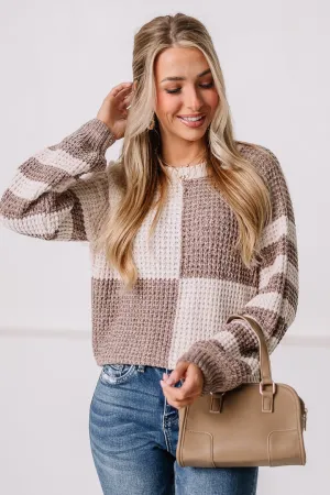 Checker & Stripe Chenille Knit Sweater | Mocha