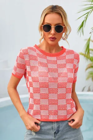 Checkered Short Sleeve Knit Top