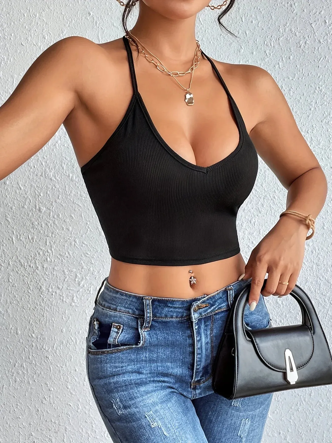 Chic Halter Neck Crop Top-Backless & Criss Cross Detail for Summer Crop Top