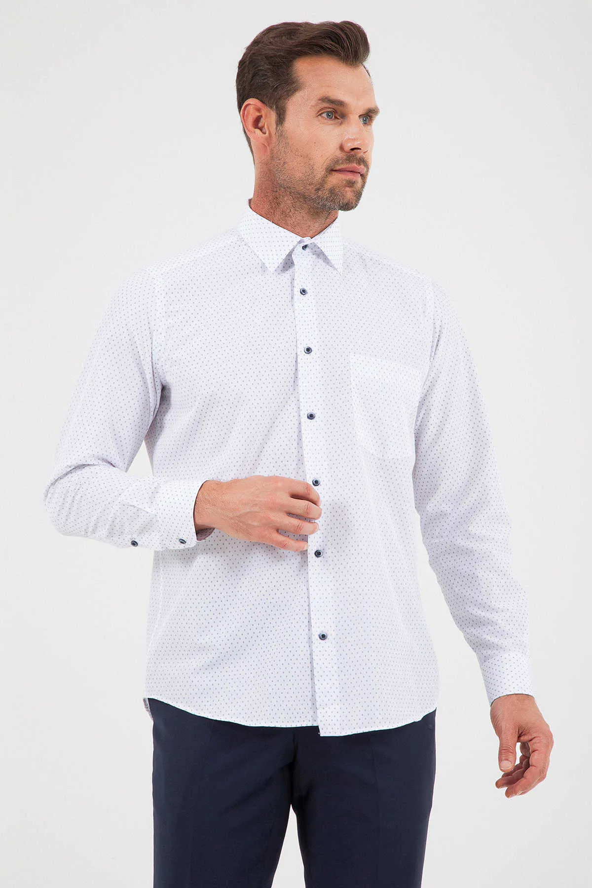 Classic Fit Long Sleeve Printed Cotton Blend Dress Shirt, Navy B.